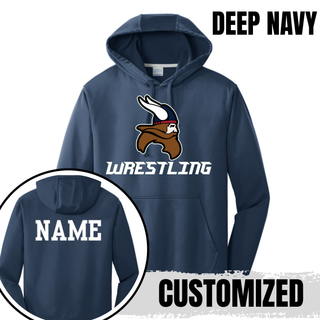 Seaman Vikings Wrestling Basic Mat Performance Hoodie mockup featuring the Viking head above WRESTLING lettering with cardinal red and navy helmet details.