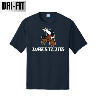 Seaman Vikings Wrestling Basic Mat Performance Top mockup featuring the Viking head above WRESTLING lettering with cardinal red and navy helmet details.