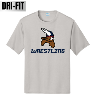 Seaman Vikings Wrestling Basic Mat Performance Top mockup featuring the Viking head above WRESTLING lettering with cardinal red and navy helmet details.