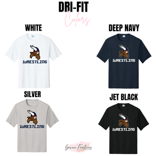 Seaman Vikings Wrestling Basic Mat Performance Top mockup featuring the Viking head above WRESTLING lettering with cardinal red and navy helmet details.