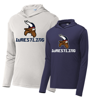 Seaman Vikings Wrestling Basic Mat PosiCharge Hooded Pullover mockup featuring a Viking head above WRESTLING lettering with cardinal red and navy helmet details.