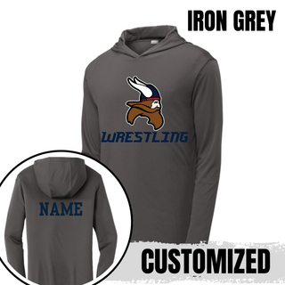 Seaman Vikings Wrestling Basic Mat PosiCharge Hooded Pullover mockup featuring a Viking head above WRESTLING lettering with cardinal red and navy helmet details.