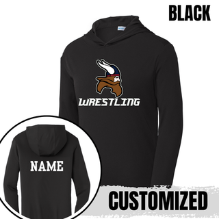 Seaman Vikings Wrestling Basic Mat PosiCharge Hooded Pullover mockup featuring a Viking head above WRESTLING lettering with cardinal red and navy helmet details.