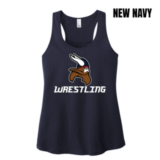Seaman Vikings Wrestling Basic Mat design with a Viking head and WRESTLING lettering on a women's racerback tank.