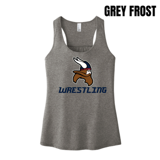 Seaman Vikings Wrestling Basic Mat design with a Viking head and WRESTLING lettering on a women's racerback tank.