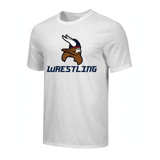 Seaman Vikings Wrestling Basic Mat Top mockup featuring the Viking head above WRESTLING lettering with cardinal red and navy helmet details.
