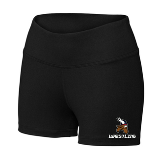 Seaman Vikings Wrestling Basic Mat Women's Interval Performance Shorts mockup featuring a Viking head above WRESTLING lettering with cardinal red and navy helmet details.