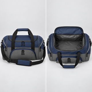Navy and dark charcoal Seaman Vikings Wrestling small sport duffel, front and open interior mockup