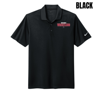 Black Dri-FIT Micro Pique polo with small white Vikings, red Wrestling lettering, and an S logo on the left chest