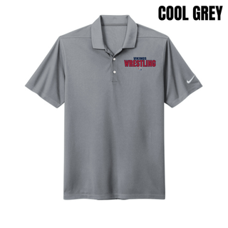 Cool grey Dri-FIT Micro Pique polo with small navy Vikings, red Wrestling lettering, and an S logo on the left chest