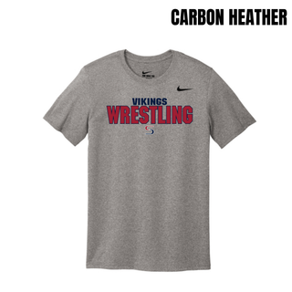 Carbon heather men's rLegend tee with navy Vikings above red Wrestling lettering outlined in navy and a small red and navy S logo on the chest