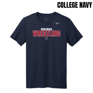 College navy men's rLegend tee with white Vikings above red Wrestling lettering outlined in white and a small red and navy S logo on the chest