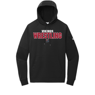 Black men's Therma-FIT pocket pullover hoodie with white Vikings above red Wrestling lettering outlined in white and a small red and navy S logo on the chest