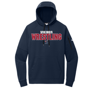 Navy men's Therma-FIT pocket pullover hoodie with white Vikings above red Wrestling lettering outlined in white and a small red and navy S logo on the chest