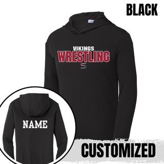 Black PosiCharge hooded pullover with white Vikings above red Wrestling lettering outlined in white and a small red and navy S logo on the front, with a white name printed on the back