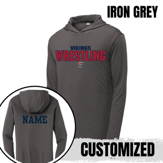 Iron grey PosiCharge hooded pullover with navy Vikings above red Wrestling lettering outlined in navy and a small red and navy S logo on the front, with a navy name printed on the back