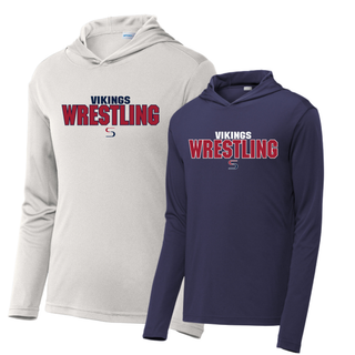 Silver and true navy PosiCharge hooded pullovers side by side, each with Vikings above red Wrestling lettering and a small red and navy S logo on the front