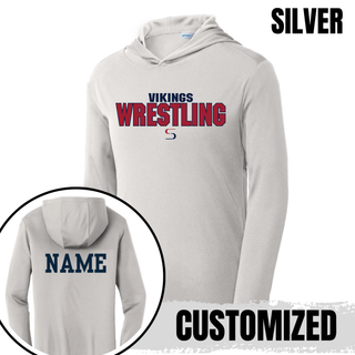 Silver PosiCharge hooded pullover with navy Vikings above red Wrestling lettering outlined in navy and a small red and navy S logo on the front, with a navy name printed on the back