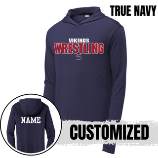True navy PosiCharge hooded pullover with white Vikings above red Wrestling lettering outlined in white and a small red and navy S logo on the front, with a white name printed on the back