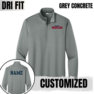 Grey concrete PosiCharge quarter-zip pullover with small navy Vikings, red Wrestling lettering, and an S logo on the left chest, with a navy name printed on the back