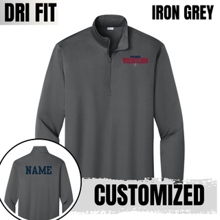 Iron grey PosiCharge quarter-zip pullover with small navy Vikings, red Wrestling lettering, and an S logo on the left chest, with a navy name printed on the back