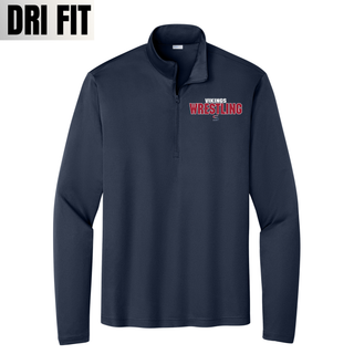 True navy PosiCharge quarter-zip pullover with small Vikings, red Wrestling lettering, and an S logo printed on the left chest
