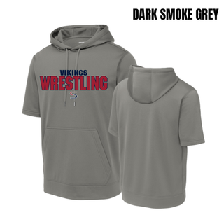 Dark smoke grey short sleeve hooded pullover shown front and back, with navy Vikings above red Wrestling lettering outlined in navy and a small red and navy S logo on the chest