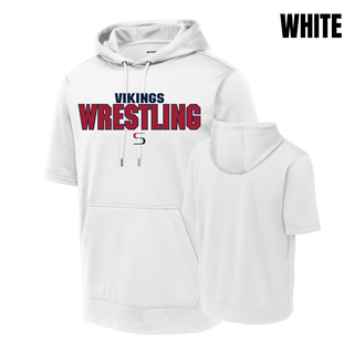 White short sleeve hooded pullover shown front and back, with navy Vikings above red Wrestling lettering outlined in navy and a small red and navy S logo on the chest