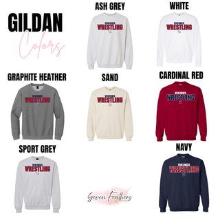 Gildan color chart showing Ash Grey, White, Graphite Heather, Sand, Cardinal Red, Sport Grey, and Navy with the Vikings Wrestling and S logo
