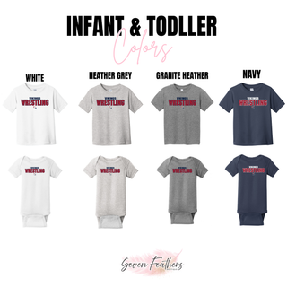 Infant and toddler color chart showing White, Heather Grey, Granite Heather, and Navy tees and bodysuits with the Vikings Wrestling and S logo
