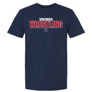 Navy tee with white Vikings above large red Wrestling block lettering outlined in white and a red and navy S logo on the chest