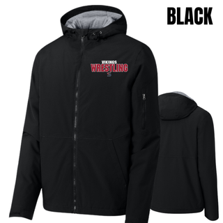 Black waterproof insulated jacket shown front and back, with small white Vikings, red Wrestling lettering, and an S logo on the left chest and a plain back