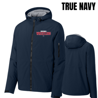 True navy waterproof insulated jacket shown front and back, with small white Vikings, red Wrestling lettering, and an S logo on the left chest and a plain back