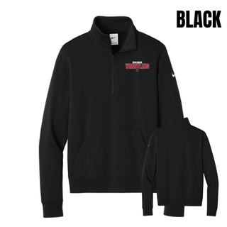 Black women's club fleece half-zip shown front and back, with small white Vikings, red Wrestling lettering, and an S logo on the left chest