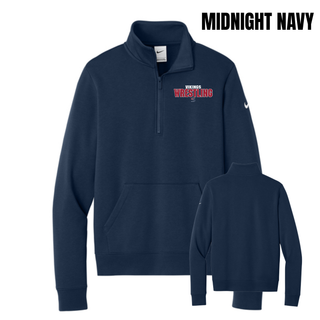 Midnight navy women's club fleece half-zip shown front and back, with small white Vikings, red Wrestling lettering, and an S logo on the left chest