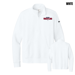 White women's club fleece half-zip shown front and back, with small navy Vikings, red Wrestling lettering, and an S logo on the left chest