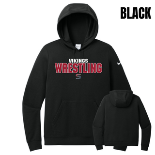 Black women's club fleece pullover hoodie shown front and back, with white Vikings above red Wrestling lettering outlined in white and a small red and navy S logo on the chest