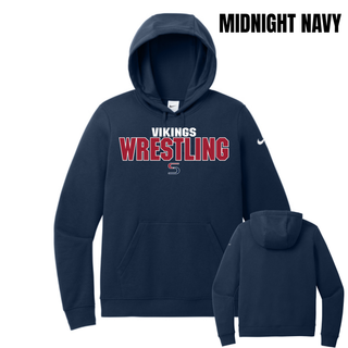 Midnight navy women's club fleece pullover hoodie shown front and back, with white Vikings above red Wrestling lettering outlined in white and a small red and navy S logo on the chest