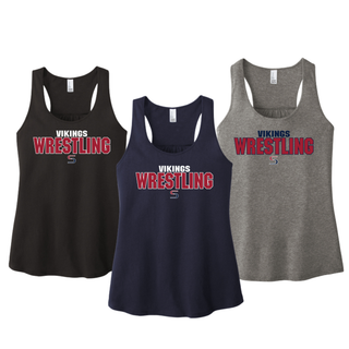 Black, new navy, and grey frost women's racerback tanks side by side, each with Vikings above red Wrestling lettering and an S logo on the chest