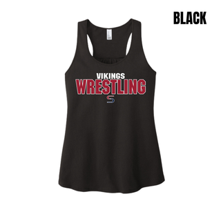 Black women's racerback tank with white Vikings above red Wrestling lettering outlined in white and a small red and navy S logo on the chest