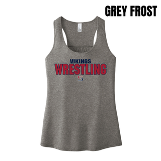 Grey frost women's racerback tank with navy Vikings above red Wrestling lettering outlined in navy and a small red and navy S logo on the chest