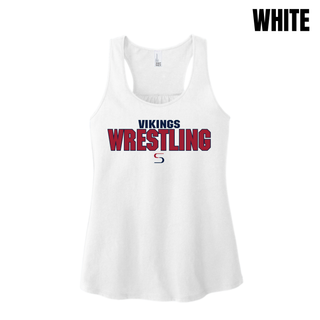 White women's racerback tank with navy Vikings above red Wrestling lettering outlined in navy and a small red and navy S logo on the chest