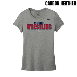 Carbon heather women's rLegend tee with navy Vikings above red Wrestling lettering outlined in navy and a small red and navy S logo on the chest