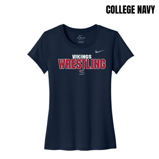 College navy women's rLegend tee with white Vikings above red Wrestling lettering outlined in white and a small red and navy S logo on the chest
