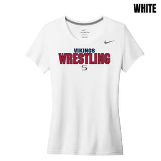 White women's rLegend tee with navy Vikings above red Wrestling lettering outlined in navy and a small red and navy S logo on the chest