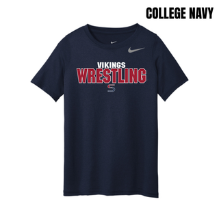 College navy youth rLegend tee with white Vikings above red Wrestling lettering outlined in white and a small red and navy S logo on the chest