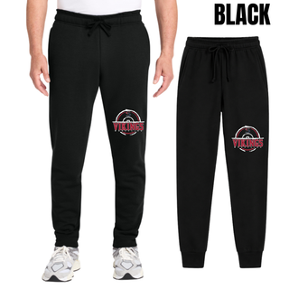 Core fleece joggers mockup featuring the Seaman Vikings wrestling distressed S mat design.