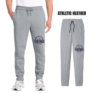 Seaman Vikings distressed S wrestling mat emblem shown on fleece joggers.