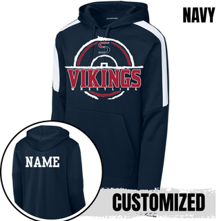 Seaman Vikings distressed S wrestling mat emblem shown on a Fan Favorite Hoodie.