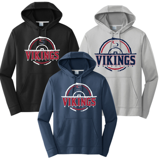 Seaman Vikings wrestling distressed S mat emblem on a performance hoodie.